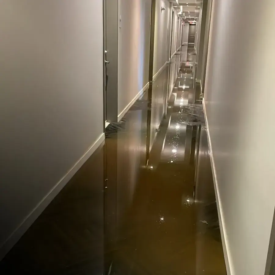 Standing water in a flooded Derry, NH hallway