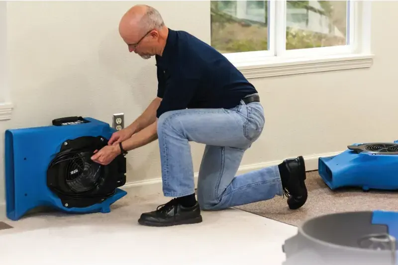 Restoration technician setting an air mover to dry a water damaged Derry, NH home