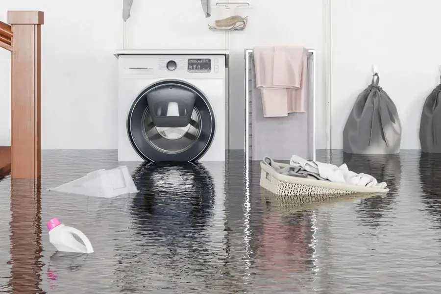 Appliance supply line leak flooding a Derry, NH laundry room